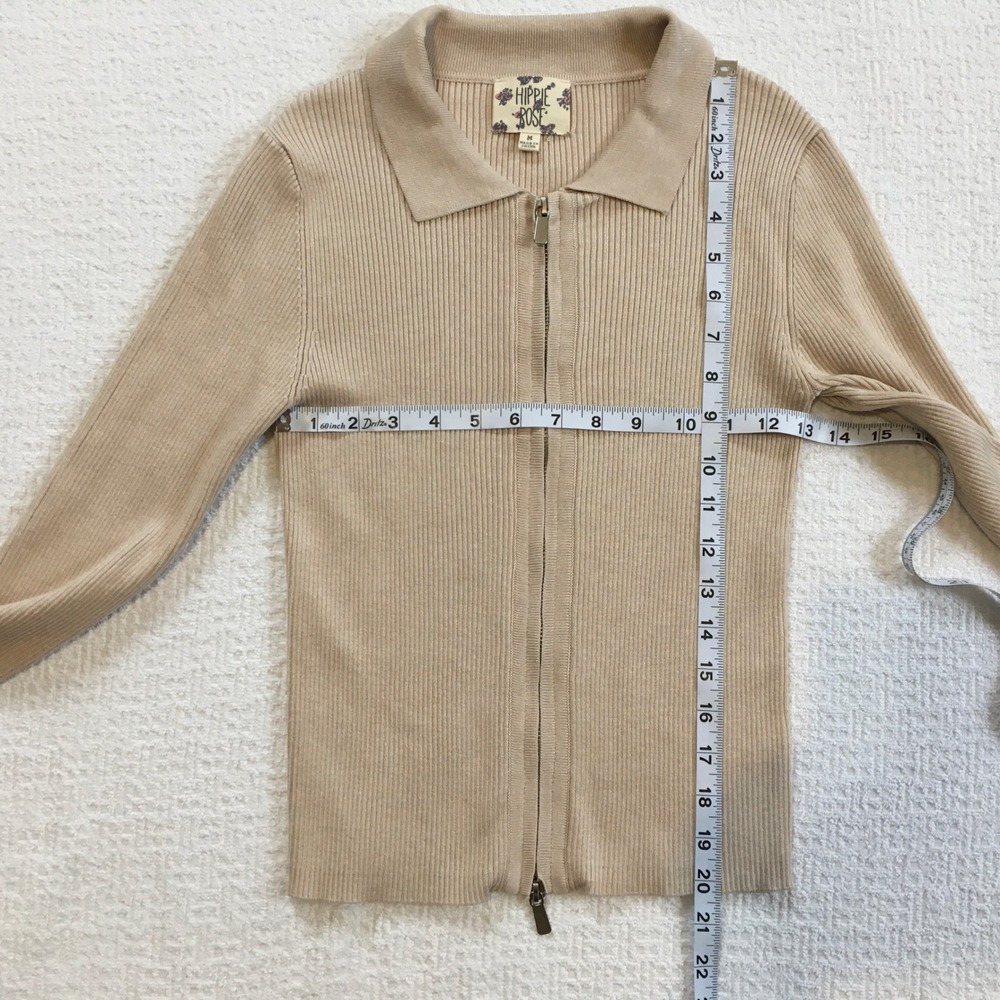 Hippie Rose Ribbed‎ Knit Collared Double Zip Cardigan Coquette Tan Women's M - Picture 5 of 7